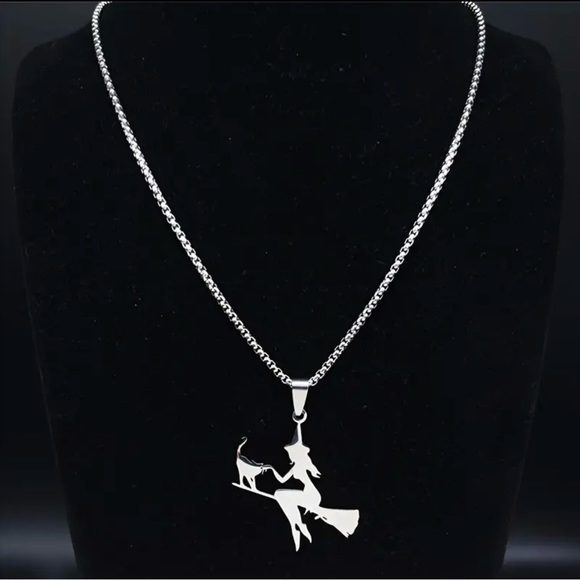 Witch Broom‎ Cat Pendant Necklace Women Witchcraft Silvery Color Hollow Out - Picture 8 of 11